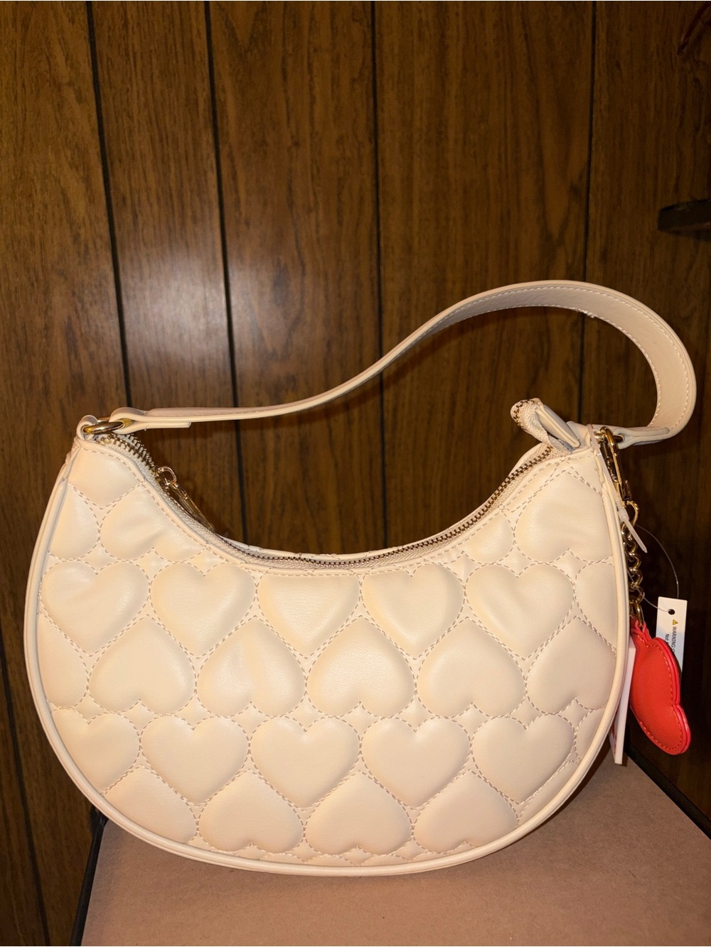 Betsey Johnson Ivory Heart Quilted Shoulder Bag with Gold Chain Accent & Charms - Picture 2 of 5